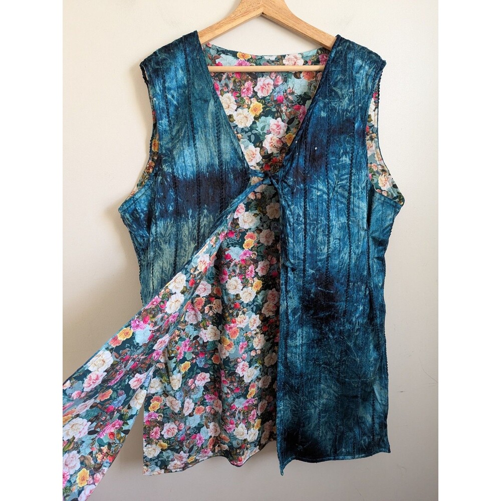 Handmade Fairycore Long Velvet Vest Waistcoat Shimmer Teal Floral Reversible OS